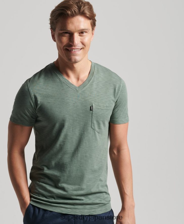 オーガニックコットン Vネック スラブポケット Tシャツ 男性 Superdry 衣類 緑 2J62PZ4857