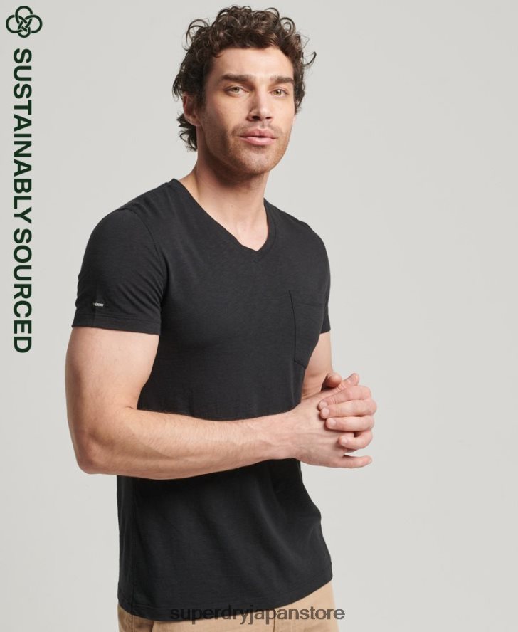 オーガニックコットン Vネック スラブポケット Tシャツ 男性 Superdry 衣類 黒 2J62PZ4862