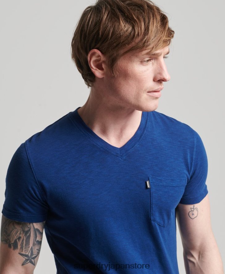 オーガニックコットン Vネック スラブポケット Tシャツ 男性 Superdry 衣類 青 2J62PZ4877