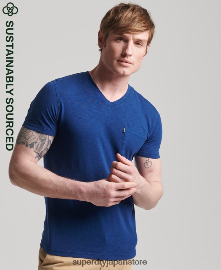 オーガニックコットン Vネック スラブポケット Tシャツ 男性 Superdry 衣類 青 2J62PZ4877