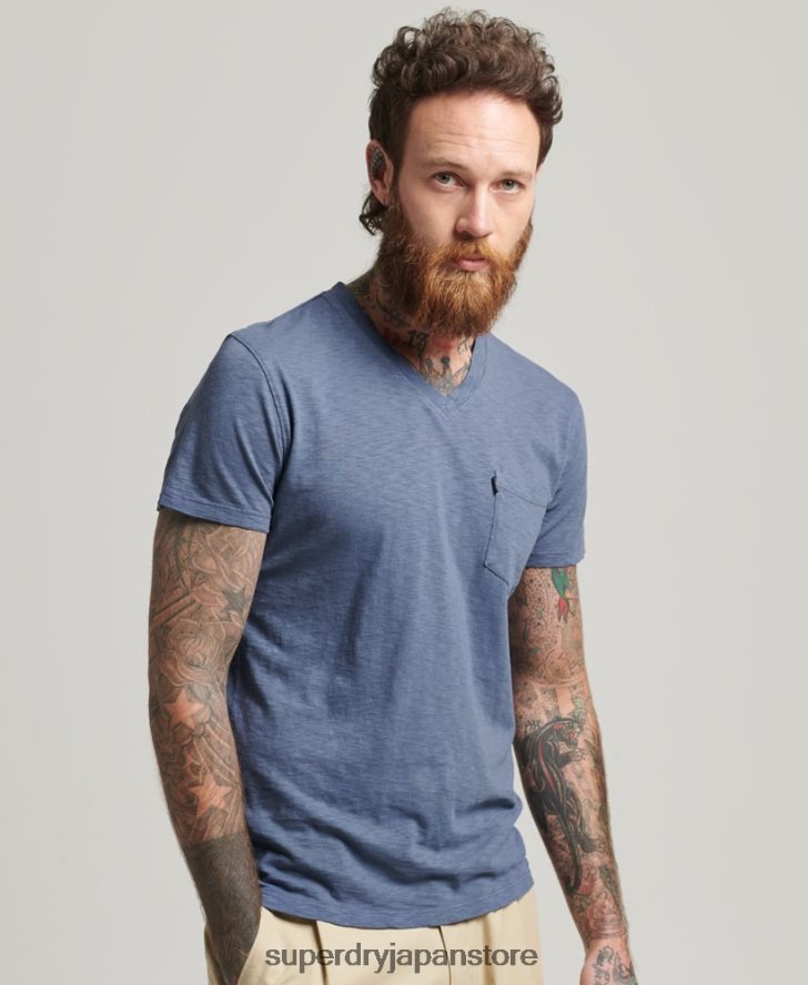 オーガニックコットン Vネック スラブポケット Tシャツ 男性 Superdry 衣類 青 2J62PZ4936