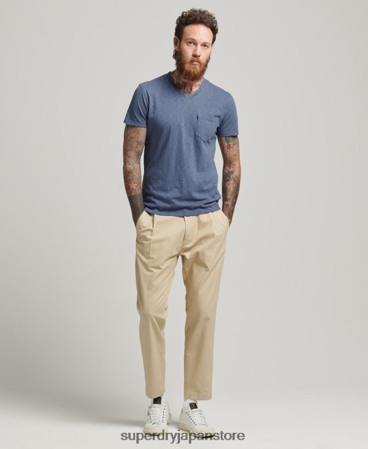 オーガニックコットン Vネック スラブポケット Tシャツ 男性 Superdry 衣類 青 2J62PZ4936